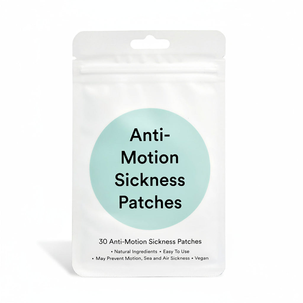 Anti-Motion Sickness Patches packaging for travel nausea relief- Ginger Root, Mint and Tangerine Peel - Easy Pre-Travel Use - 30 Count