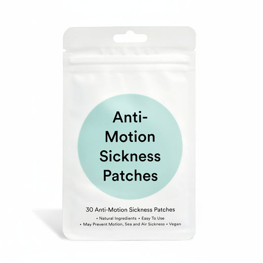Anti-Motion Sickness Patches packaging for travel nausea relief- Ginger Root, Mint and Tangerine Peel - Easy Pre-Travel Use - 30 Count