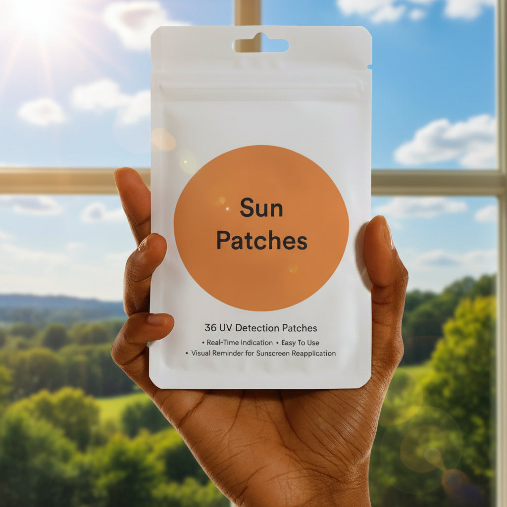 Hand holding Sun Patches packet outdoors in sunlight - Color Changing Sunscreen Reminder Stickers - UV-Reactive Sunblock Patch for Effective Sunscreen Application - 36 Count